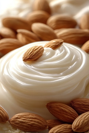 Swirl of Creamy Almond Milk with Whole Almonds, Healthy Vegan Drink or Dairy-Free Alternativeの素材