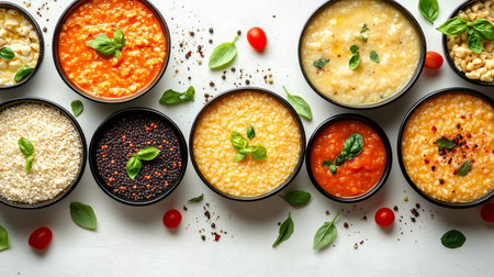 Variety of healthy grain soups in bowls. Top view with tomatoes, basil and space for text.の素材