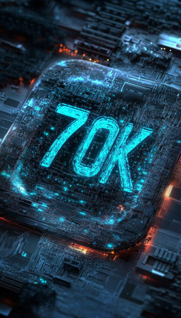 3D Render Number 70K on Futuristic Microchip Processor, Technology Background, Digital Conceptの素材