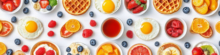 Vibrant Breakfast Collage. Waffles, Eggs, Pancakes, And Fruits On A White Background, Arrangedの素材