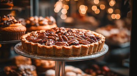 Autumn. Pecan pie closeup in bakery window delicious display shallow dof bokeh, Festive,の素材