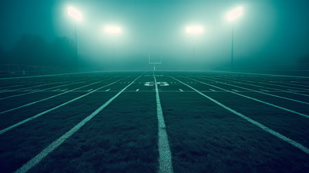 Empty Football Field, Fog, Illuminated Floodlights., Sports Photography, Tranquil Atmosphereの素材
