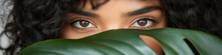 Close-up of a Beautiful Woman with Brown Eyes Peeking Through a Vibrant Green Monstera Leafの素材