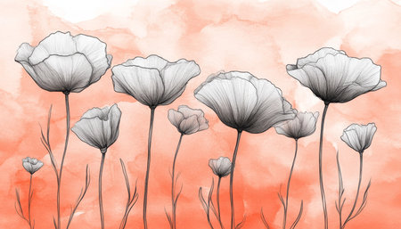 Gentle Hues, Delicate Line Art Meadow Flowers against Watercolor Peach, Texture, Subtle Lightingの素材