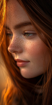 Close-up Portrait of a Young Woman with Freckles, Illuminated by Golden Hour Light, Natural Beautyの素材