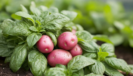 Fresh, organic red potatoes growing in a garden bed, surrounded by lush green leaves.の素材