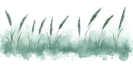 Elegant Teal Watercolor Background With Minimal Grass Silhouettes, Soft, Dreamy Natural Textureの素材