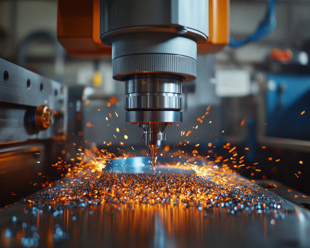 CNC Milling Machine in Action Close-Up of Cutting Head with Sparks, Precision Engineering at Workの素材