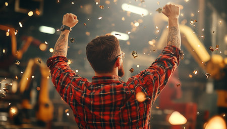 Factory Worker, Arms Raised in Triumph, Celebrates Success Amidst Confetti and Machineryの素材