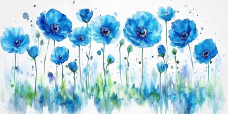 Watercolor Sky Blue Harmony Gentle Floral Art Featuring Delicate Poppies in Full Bloomの素材