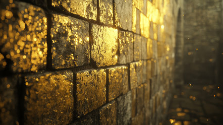 Golden Wall, Weathered Texture, Close Up, Blurred Background with Light Leaks, Ample Copy Space.の素材