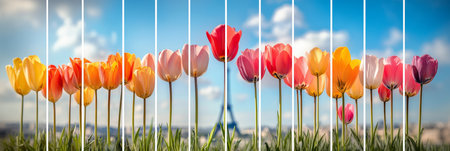 Colorful Tulip Flowers Blooming Against Blue Sky. Nine Vertical Banner Images for Website Design.の素材