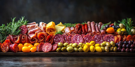 Gourmet Charcuterie Platter With Cured Meats, Fresh Rosemary, And Olives On Rustic Backgroundの素材