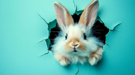 Cute White Rabbit Peeking Through a Torn Hole in a Pastel Blue Wall, Easter Holiday Themeの素材
