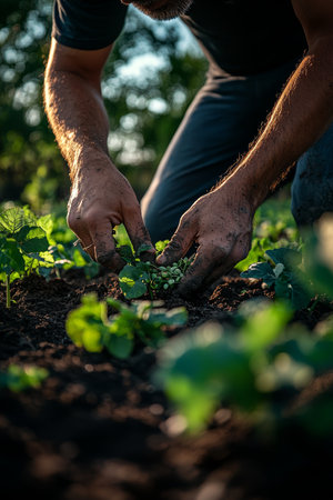 Close-up hands of a person planting seeds in the ground, with the sun shining down on them.の素材