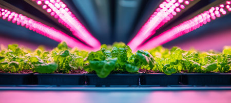 Vertical Farming Lush Lettuce Growing Under Pink LED Grow Lights in a Controlled Environmentの素材