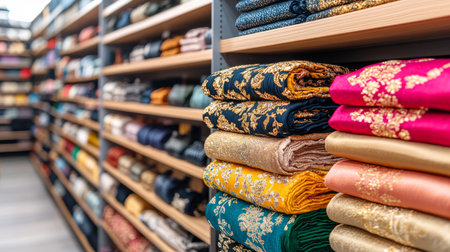 Vibrant Hues of Abstract Patterns A Detailed View of Textile Rolls in a Retail Settingの素材