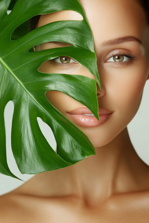 Tropical Beauty. Sensual Caucasian Woman Behind Monstera Leaf, Portrait, Youthful Skincare Conceptの素材
