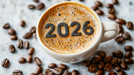 Coffee cup with numbers 2026 in foam and coffee beans on white background, New Year conceptの素材