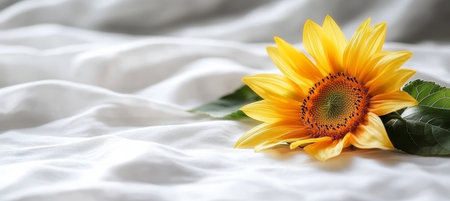 A Single Yellow Sunflower Bloom with Green Leaves Resting on a Pristine White Backgroundの素材