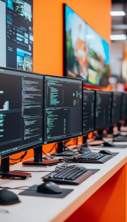 Modern IT Workplace , Row of Computer Monitors with Programming Code, Technology Backgroundの素材