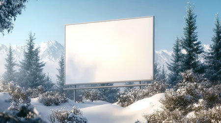 Empty Billboard Mockup in Picturesque Snowy Mountain Landscape, Perfect for Winter Advertisingの素材