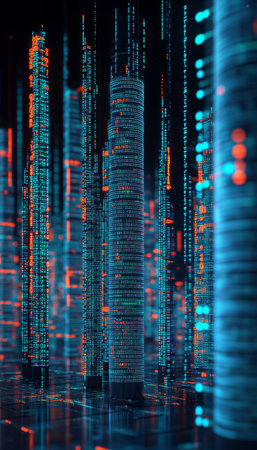 Futuristic Cityscape of Data Abstract Technology Background with Glowing Code Linesの素材