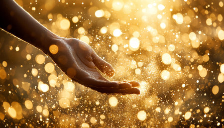 Golden Hour Magic Hand Reaching for Warm Sunlight with a Sparkling, Dreamlike Bokeh Effectの素材