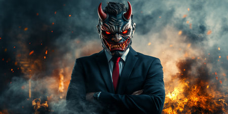 Portrait of a Businessman in Devil Oni Mask with Fire Background, Concept of Success and Powerの素材