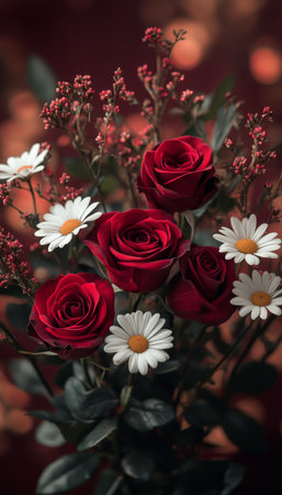 Romantic Bouquet of Vibrant Red Roses and White Daisies Blooming on a Softly Blurred Red Backgroundの素材