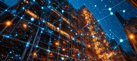 Urban Network Illuminated Building Facade with Glowing, Interconnected Dots, Night Sceneの素材