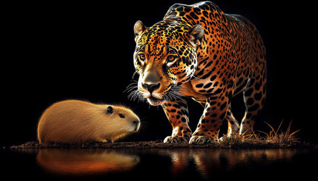 The Jaguar and the Capybara Majestic Predators Unity of Wildlife Isolated on Black Backgroundの素材