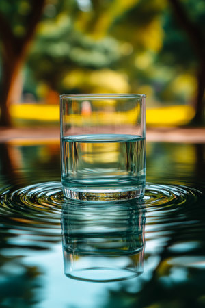 Glass of Water, Water s Edge, Ripples, Blurred Forest Background, Refreshment, Hydrationの素材