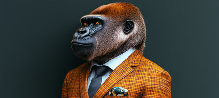 Portrait of a Serious Gorilla in a Stylish Suit on a Dark Background, Concept of Anthropomorphismの素材