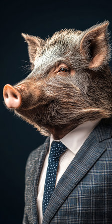 Profile of a Boar in a Suit, Blending Animal and Human Characteristics on a Dark Backgroundの素材