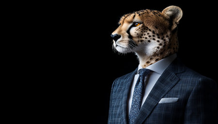 Cheetah Head on Businessman Body, Anthropomorphic Portrait on Black Background, Abstract Artの素材