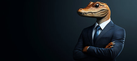 Crocodile in a Suit A Surreal Illustration of Confidence and Power Against a Dark Backgroundの素材