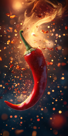 Red Hot Chilli Pepper on Fire, Blazing Background with Sparks, Studio Photography, Vivid Colorsの素材