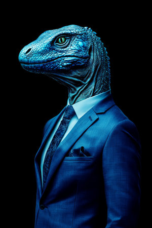 Blue Reptile in Suit A Portrait of Power, Blending Animal and Human Traits on Dark Backgroundの素材