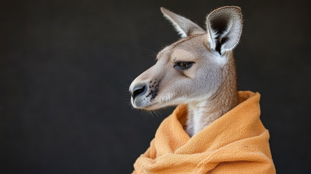 Thoughtful Kangaroo in Orange Drape, Anthropomorphic Concept, Isolated on Dark Backgroundの素材