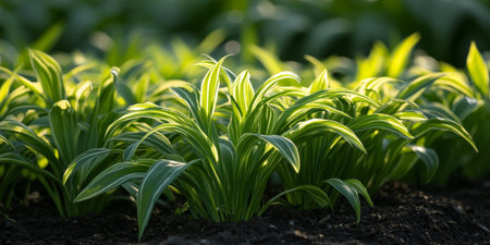 Vibrant Green and White Hosta Leaves Thrive in Spring Garden, Sunlight Illuminating Foliageの素材