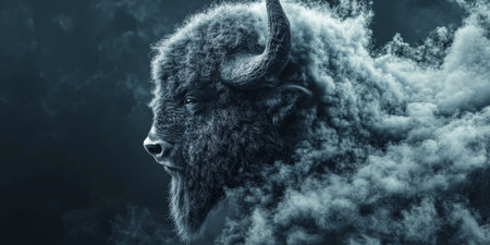 Majestic Bison Portrait, Blending with Smoke, Strength, Power, Wildlife. Dark Art Photography.の素材