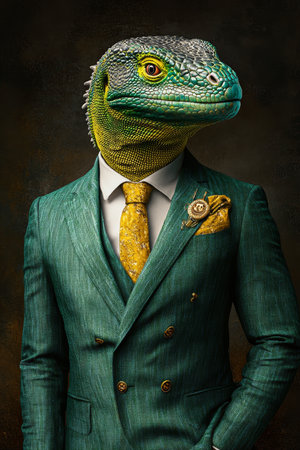 Reptilian Gentleman Anthropomorphic Komodo Dragon in a Suit, Animal Human Blend, Dark Portraitの素材