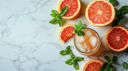 Refreshing Summer Cocktail with Fresh Grapefruit, Mint and Ice on White Marble Backgroundの素材