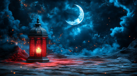 Ramadan Kareem, Traditional Arabic Lantern Glowing Under Crescent Moon, Night Sky Backgroundの素材