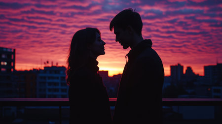 Couple Silhouette, Love in the Air Romance against a Striking City Skyline at Sunsetの素材