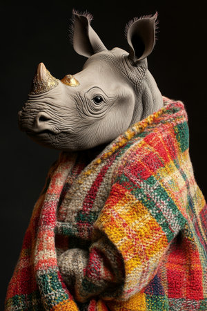 Rhinoceros in a Colorful Knitted Blanket, Anthropomorphic Portrait on Dark Backgroundの素材