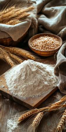 Mound of flour on cutting board, wheat ears, grains in wooden bowl, rustic backgroundの素材