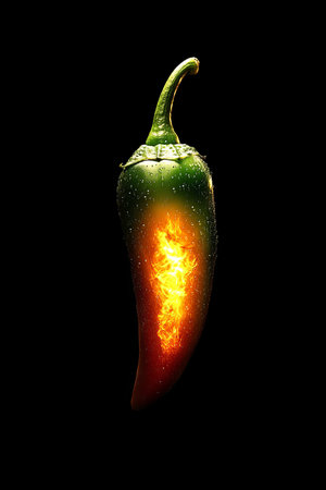 Fiery Jalapeo Pepper A Single Green Jalapeo with Inner Flames Against a Black Backdropの素材