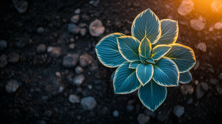 Top View Of A Single Vibrant Hosta Plant, Rocks, Soil, And Copy Space, Gardening Conceptの素材